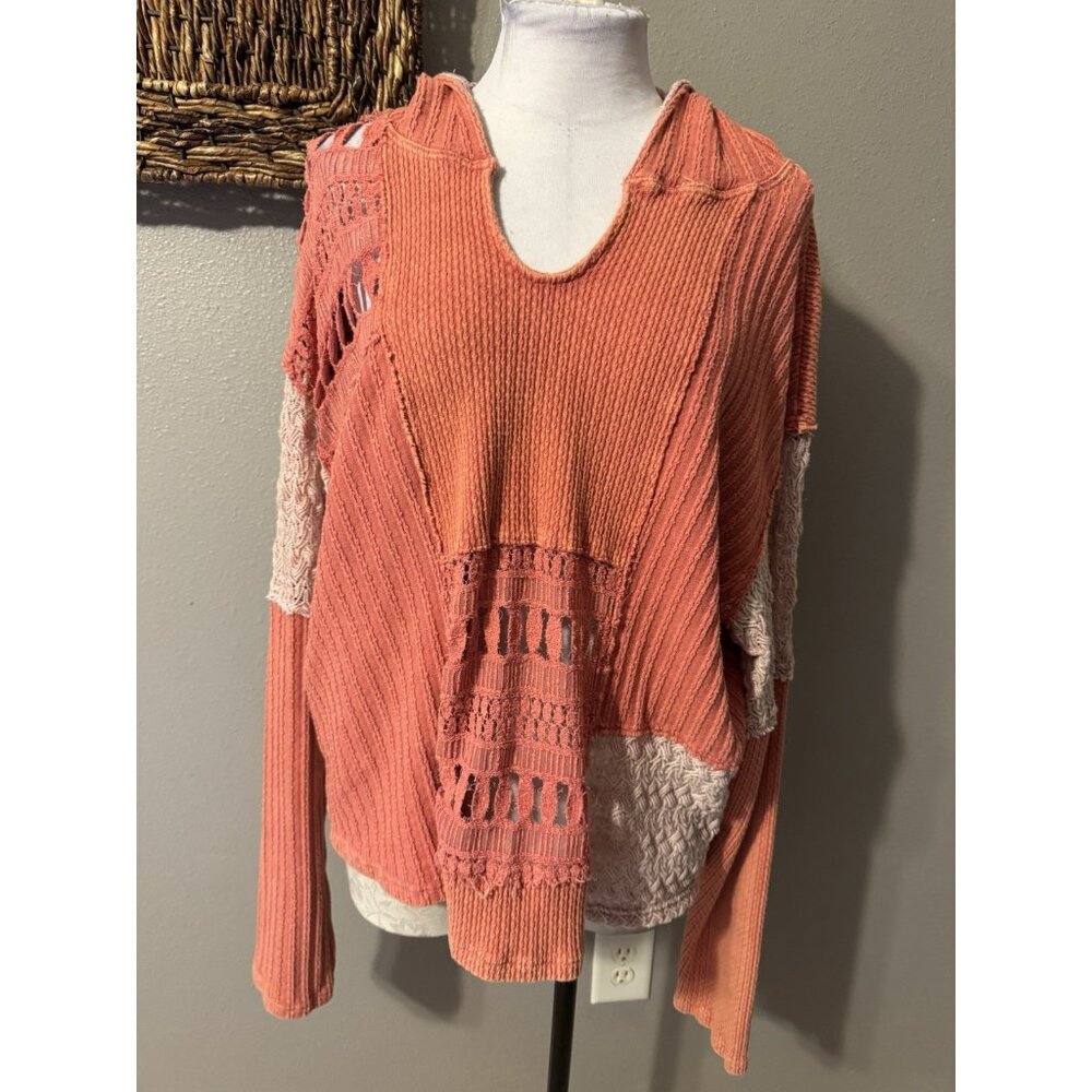 Anthropologie Oli & Hali Knit Pullover Sweater M Hoodie Thrashed Open Orange - Picture 6 of 15
